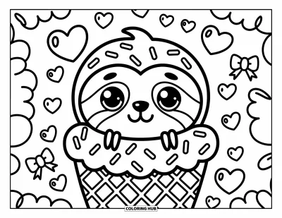 Coloriage de paresseux pour adultes : Un paresseux joueur se cache derrière un gros cornet de glace, entouré de cœurs et de vermicelles