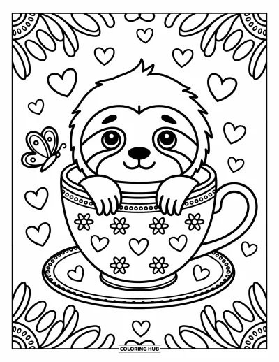 Coloriage de paresseux pour adultes : Un paresseux joueur passe la tête hors d’une tasse décorée de fleurs, avec un papillon posé à côté