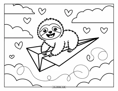 Coloriage de paresseux pour adultes : Un paresseux joueur monte sur un avion en papier, flottant parmi les nuages et de petits cœurs