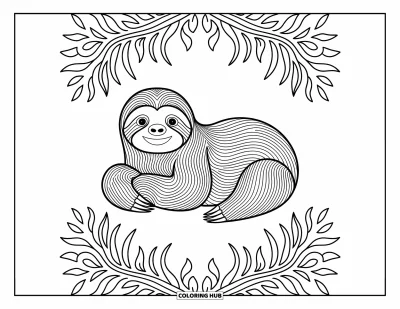 Coloriage de paresseux pour adultes : Un paresseux serein se repose parmi des motifs détaillés inspirés de la jungle et de douces formes géométriques