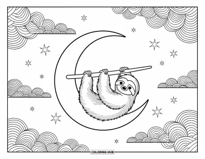 Coloriage de paresseux pour adultes : Un paresseux est suspendu à un croissant de lune entouré de nuages tourbillonnants et d’étoiles scintillantes
