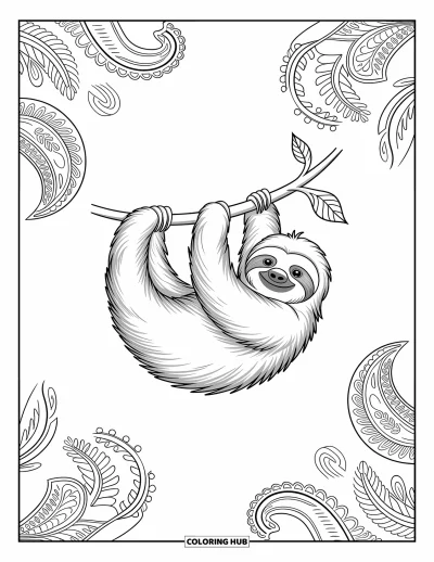 Coloriage de paresseux pour adultes : Un paresseux est suspendu à une liane en spirale entourée de motifs cachemire et de formes abstraites