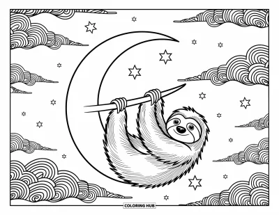 Coloriage de paresseux pour adultes : Un paresseux est suspendu à un croissant de lune avec des nuages tourbillonnants et des détails étoilés tout autour