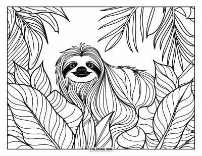 Coloriage de paresseux pour adultes : Un paresseux est caché parmi des couches de feuilles détaillées et de motifs floraux de jungle