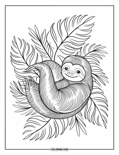Coloriage de paresseux pour adultes : Un paresseux se prélasse au milieu de volutes mandala et de feuillages tropicaux luxuriants aux motifs fins