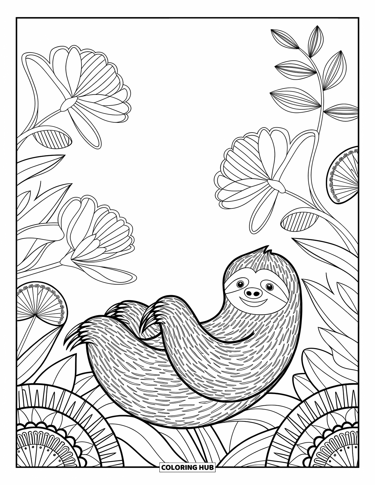 Desenho de preguiça para colorir para adultos: Uma preguiça reclina-se entre flores desabrochando e folhas em camadas com padrões florais detalhados