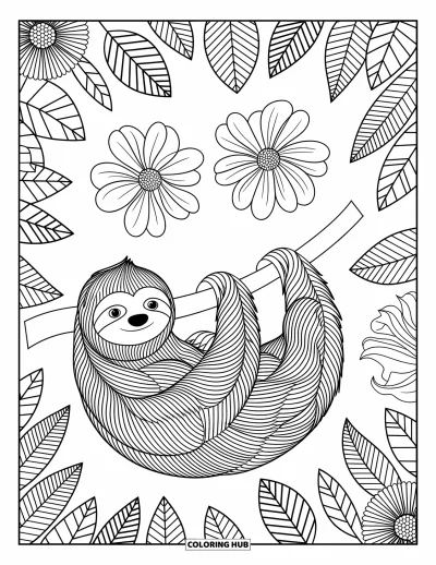 Coloriage de paresseux pour adultes : Un paresseux se détend parmi des fleurs et des feuilles détaillées avec d’élégants motifs tout autour