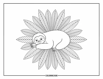 Coloriage de paresseux pour adultes : Un paresseux se détend au milieu d’un feuillage symétrique et de motifs géométriques de jungle
