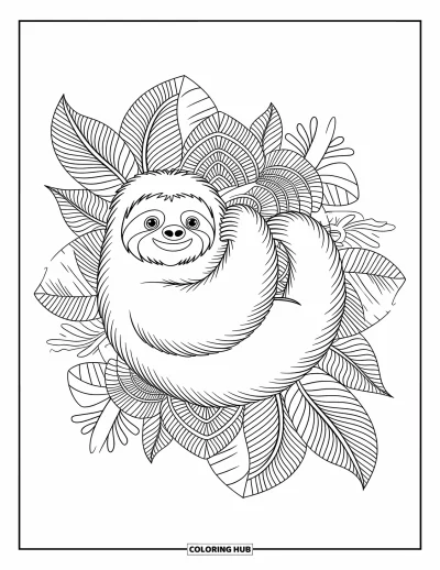 Coloriage de paresseux pour adultes : Un paresseux se détend entouré de motifs mandala et de feuilles tropicales ornées de fins détails
