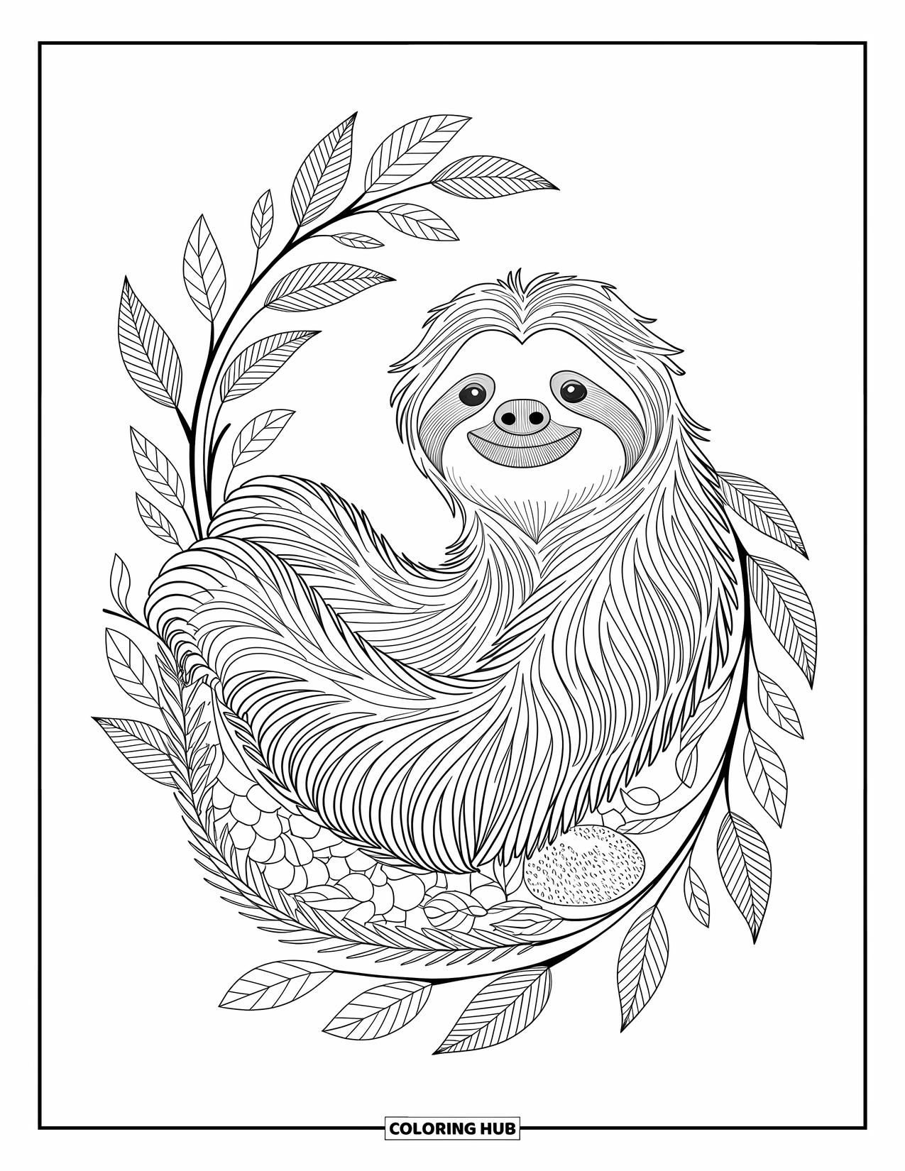 Desenho de preguiça para colorir para adultos: Uma preguiça descansa entre espirais, samambaias e frutas da selva com padrões detalhados ao redor