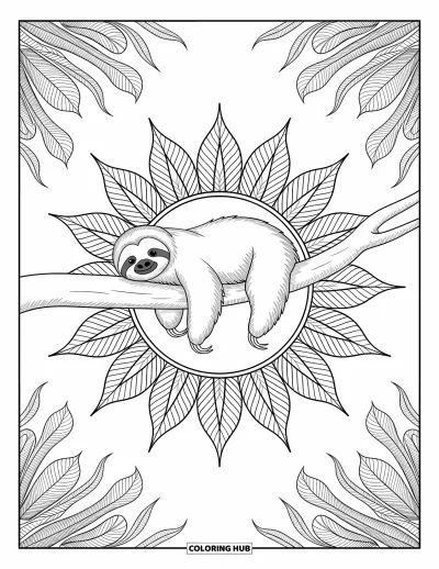 Coloriage de paresseux pour adultes : Un paresseux se repose sur une branche entourée de rayons mandala et de feuilles enroulées