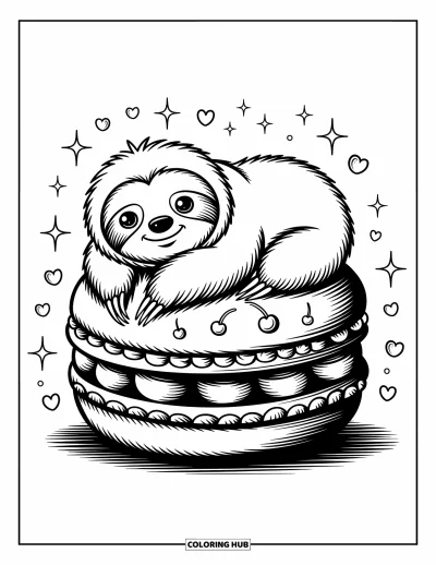 Coloriage de paresseux pour adultes : Un paresseux repose paisiblement sur un macaron géant avec des étoiles, des cerises et des volutes