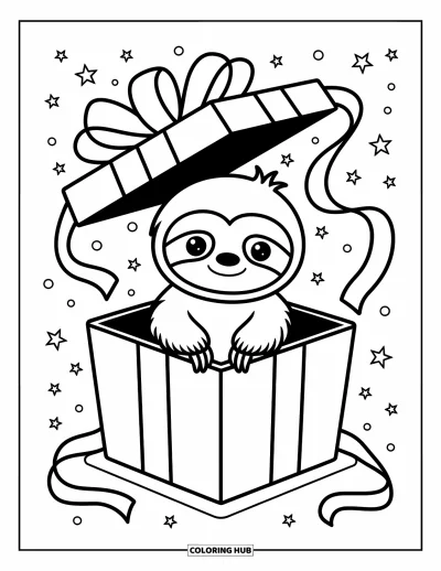 Coloriage de paresseux pour adultes : Un paresseux est assis dans une grande boîte-cadeau avec des rubans, des étoiles et des confettis éparpillés