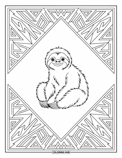 Coloriage de paresseux pour adultes : Un paresseux est assis paisiblement dans un cadre géométrique de jungle avec des motifs artistiques autour