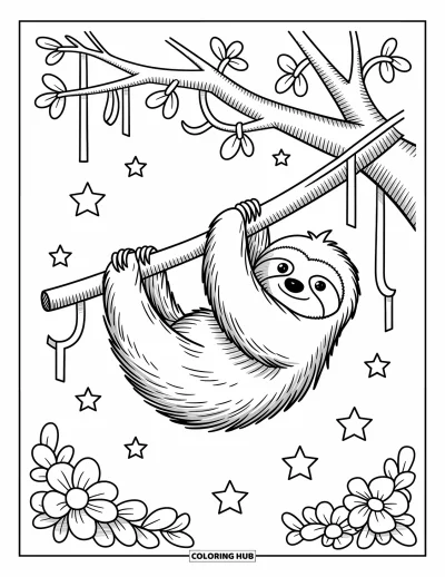 Coloriage de paresseux pour adultes : Un paresseux se balance doucement sur une branche décorée de fleurs, de rubans et de petites étoiles