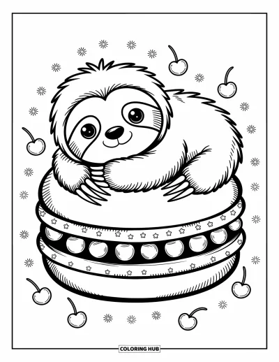 Coloriage de paresseux pour adultes : Un paresseux aux grands yeux est allongé sur un macaron géant couvert d’étoiles et de cerises