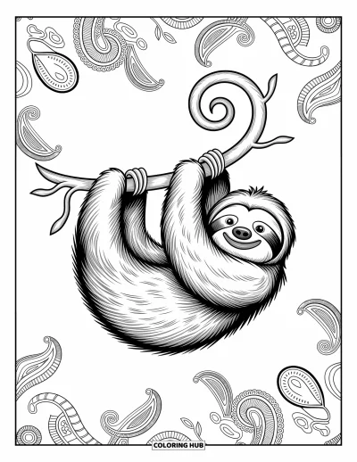 Coloriage de paresseux pour adultes : Un paresseux s’enroule autour d’une liane spiralée avec des motifs cachemire et des dessins tourbillonnants