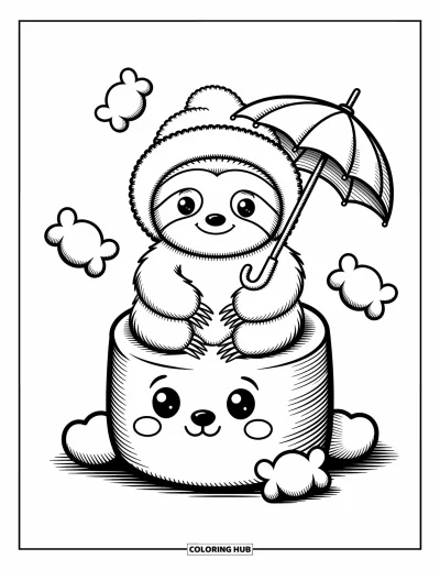 Coloriage de paresseux pour adultes : Un petit paresseux sur une guimauve tient un parapluie, entouré de formes sucrées amusantes