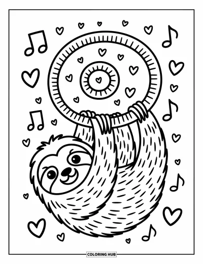 Coloriage de paresseux pour adultes : Un paresseux souriant est suspendu à une liane bouclée avec des cœurs, des notes et des volutes à proximité