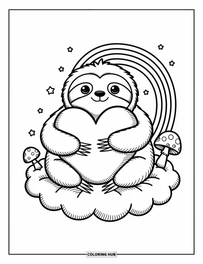 Coloriage de paresseux pour adultes : Un tendre paresseux serre un grand coussin en forme de cœur sur un nuage duveteux avec des étoiles et de petits champignons
