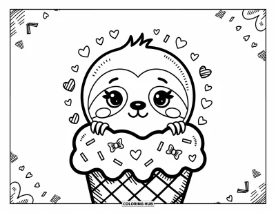 Coloriage de paresseux pour adultes : Un tendre paresseux passe la tête hors d’un cornet de glace avec des cœurs, des nœuds et des vermicelles