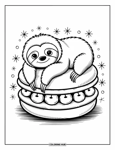 Coloriage de paresseux pour adultes : Un tendre paresseux se repose sur un macaron géant décoré d’étoiles, de cerises et de volutes