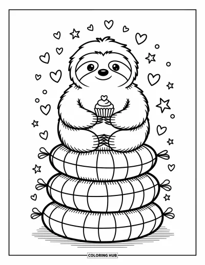 Coloriage de paresseux pour adultes : Un tendre paresseux est assis sur des coussins moelleux, tenant un cupcake avec des cœurs et des volutes amusantes