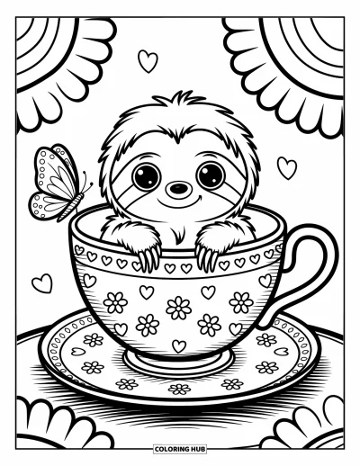 Coloriage de paresseux pour adultes : Un tout petit paresseux passe la tête hors d’une tasse à thé avec des fleurs, des cœurs et un papillon joueur