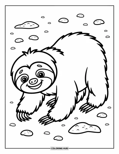 Coloriage de paresseux pour enfants : Un paresseux joyeux rampe lentement sur le sol avec de petits rochers à côté