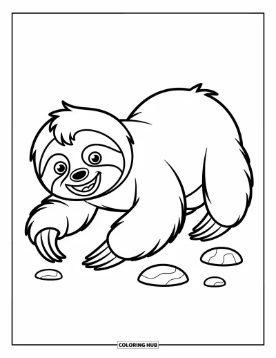 Coloriage de paresseux pour enfants : Un paresseux joyeux rampe lentement avec de petits rochers à côté