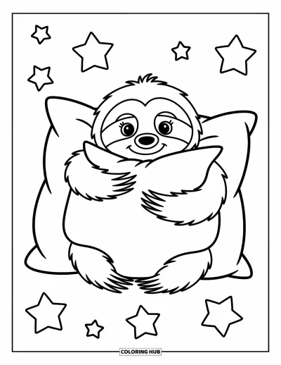 Coloriage de paresseux pour enfants : Un paresseux joyeux serre un grand coussin, entouré d’étoiles ludiques, prêt pour un moment de coloriage amusant