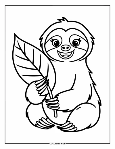 Coloriage de paresseux pour enfants : Un paresseux joyeux est assis en tenant une grande feuille en forme de cœur