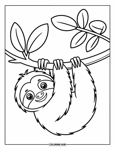 Coloriage de paresseux pour enfants : Un paresseux joyeux est assis avec une grande feuille et une expression amicale