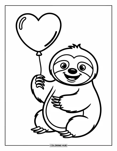 Coloriage de paresseux pour enfants : Un paresseux potelé tient un ballon en forme de cœur avec un grand sourire