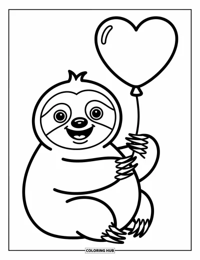 Coloriage de paresseux pour enfants : Un paresseux potelé tient un ballon en forme de cœur avec un sourire radieux
