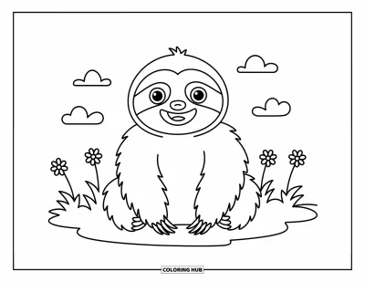 Coloriage de paresseux pour enfants : Un paresseux potelé est assis dans l’herbe avec des marguerites et de doux nuages