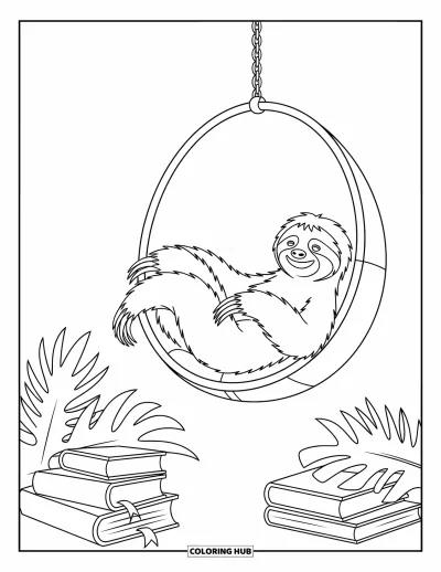 Coloriage de paresseux pour enfants : Un paresseux confortablement installé est allongé dans une chaise suspendue, entouré de livres et de plantes feuillues