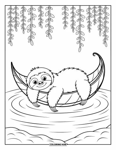 Coloriage de paresseux pour enfants : Un paresseux satisfait flotte sur une grande feuille-bateau, entouré de lianes pendantes et de rides légères sur l’eau