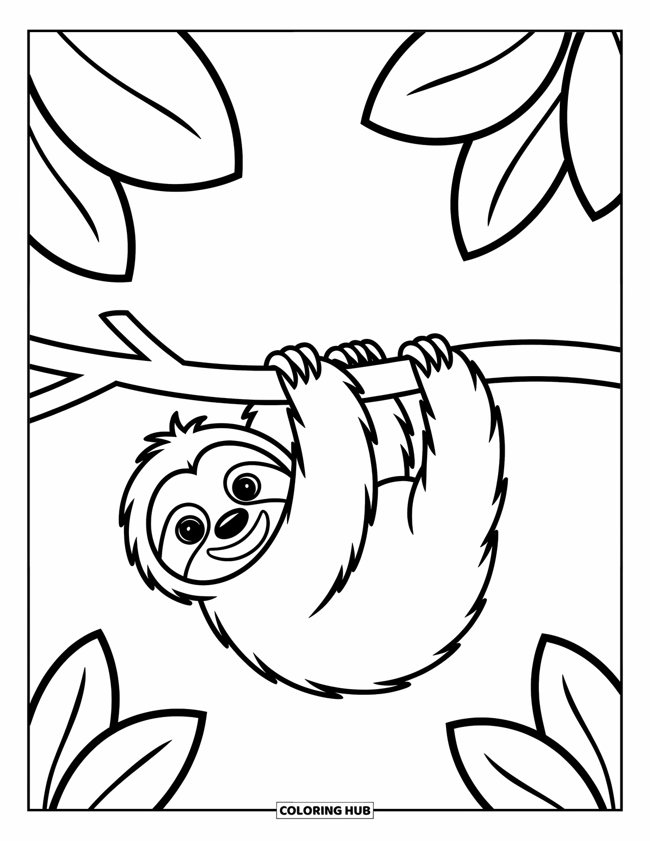 Desenho de Bicho-Preguiça para Crianças: Uma bicho-preguiça bebê curiosa está pendurada em um galho com grandes folhas por perto