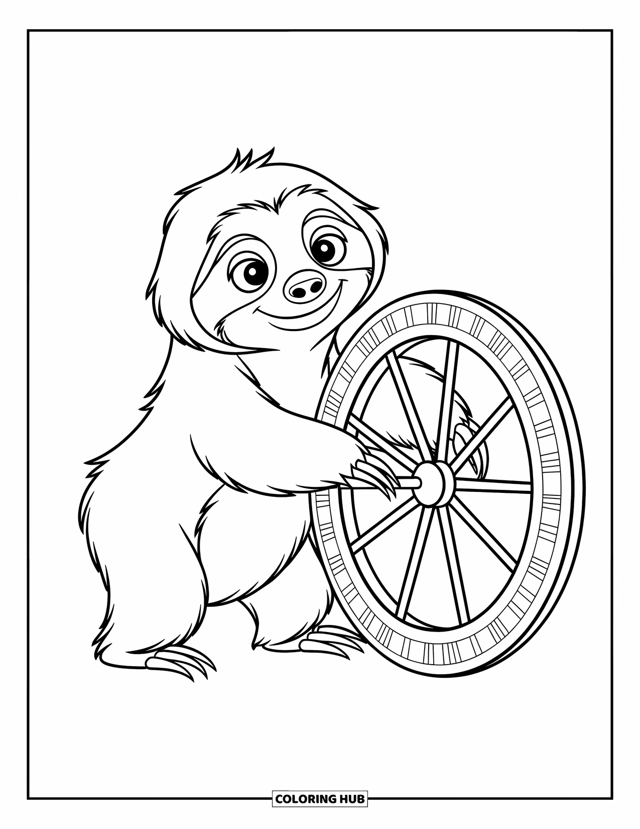 Desenho de Bicho-Preguiça para Crianças: Uma bicho-preguiça curiosa empurra suavemente uma grande roda de madeira com padrões divertidos