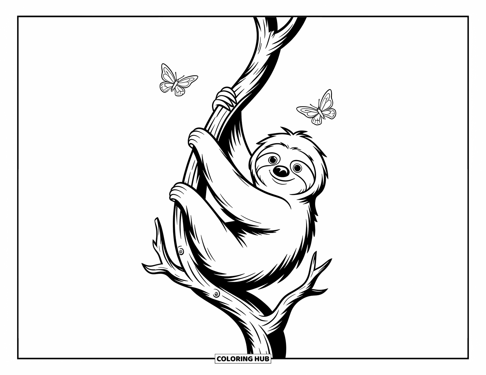Desenho de Bicho-Preguiça para Crianças: Uma bicho-preguiça curiosa agarra uma videira retorcida enquanto borboletas voam ao lado dela