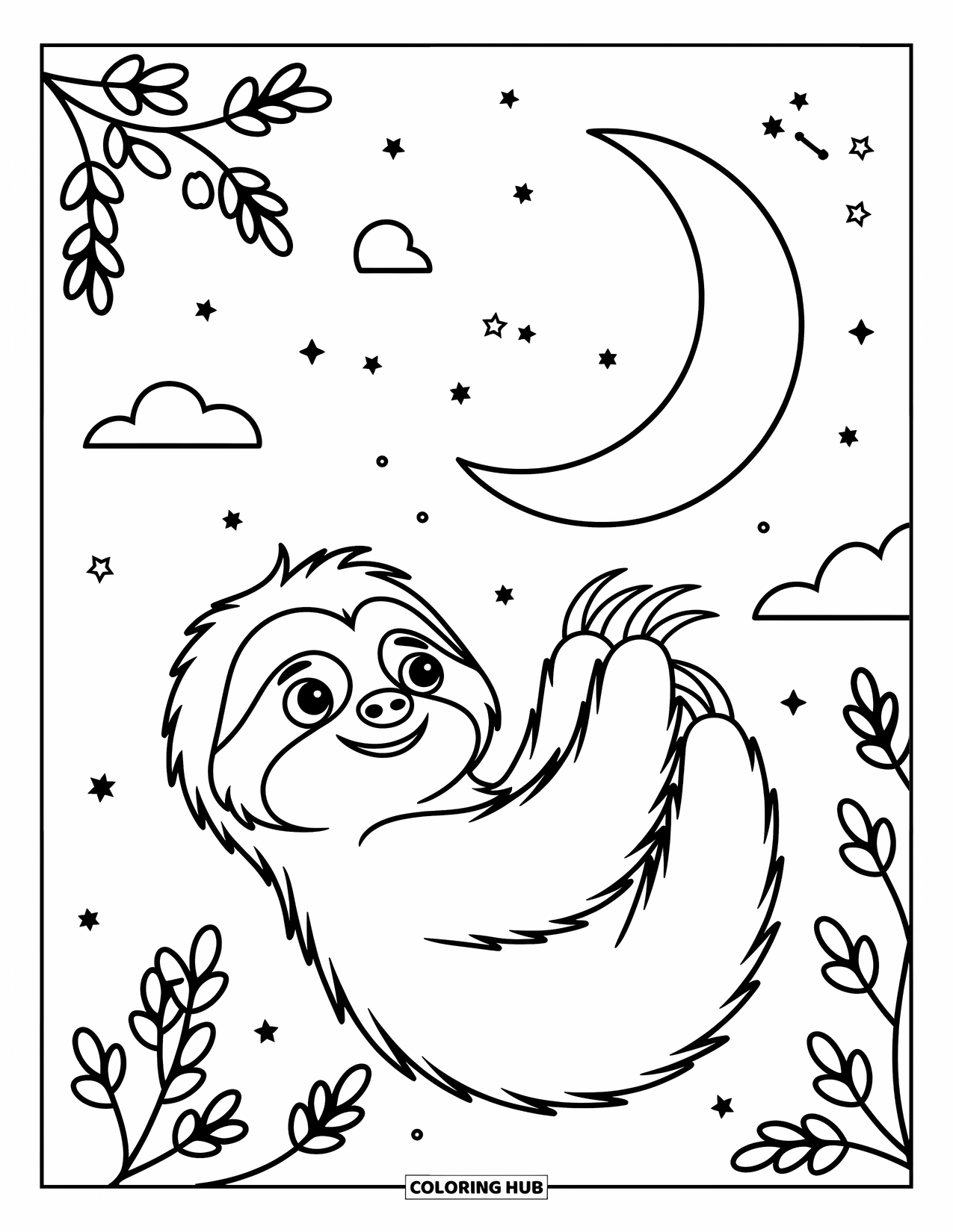 Desenho de Bicho-Preguiça para Crianças: Uma bicho-preguiça curiosa olha para a lua e as estrelas com galhos de árvores extravagantes por perto