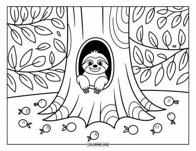 Coloriage de paresseux pour enfants : Un paresseux curieux passe la tête hors d’un tronc creux avec des fruits de la jungle au sol