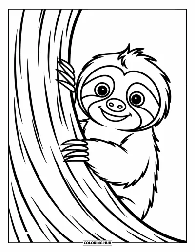 Coloriage de paresseux pour enfants : Un paresseux curieux passe la tête derrière un tronc d’arbre avec un regard malicieux