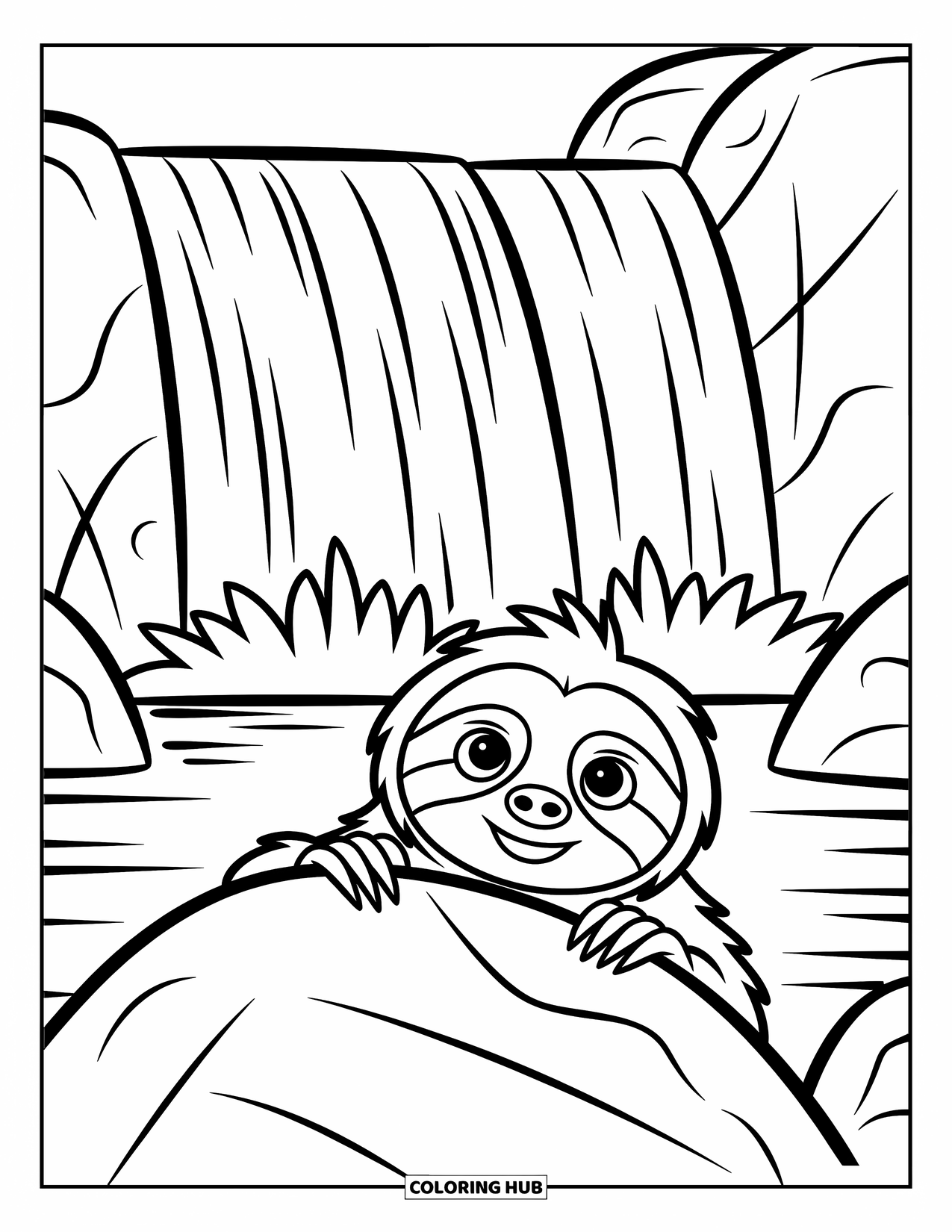 Desenho de Bicho-Preguiça para Crianças: Uma bicho-preguiça curiosa espreita sobre grandes rochas com uma cachoeira caindo em cascata ao fundo