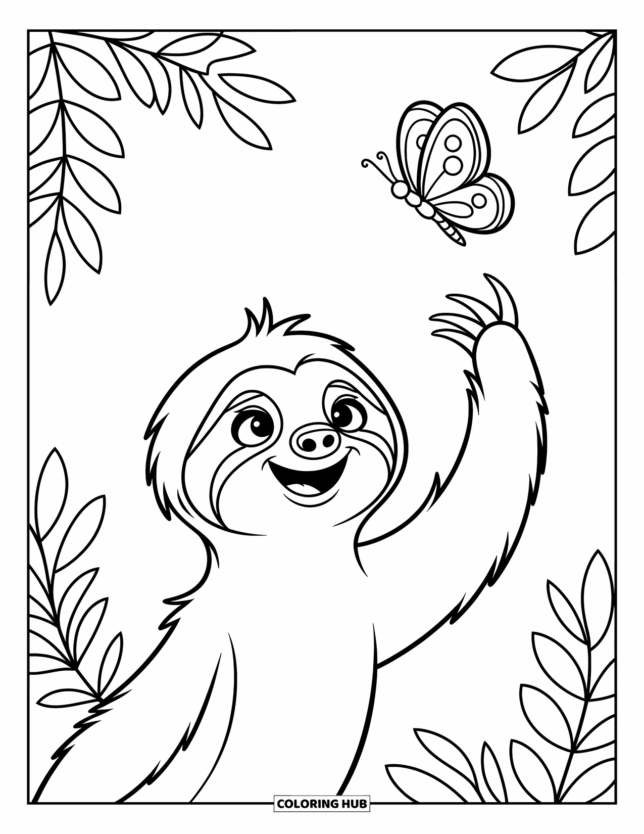 Desenho de Bicho-Preguiça para Crianças: Uma bicho-preguiça curiosa estende a mão em direção a uma borboleta