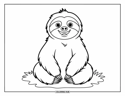Coloriage de paresseux pour enfants : Un adorable paresseux est assis joyeusement dans l’herbe avec de petites fleurs à côté