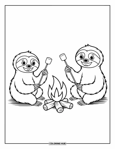 Coloriage de paresseux pour enfants : Une famille de paresseux est assise autour d’un feu de camp, faisant griller des guimauves avec des expressions joyeuses