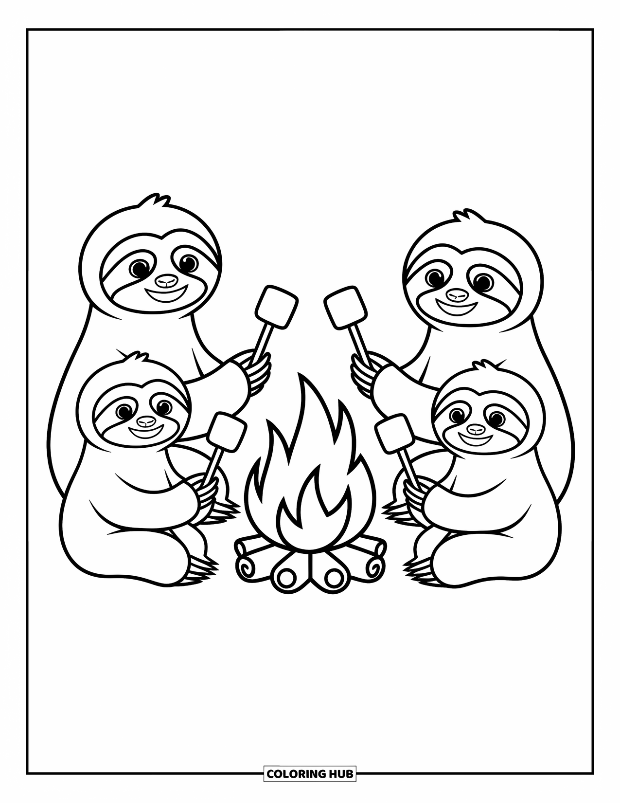 Desenho de Bicho-Preguiça para Crianças: Uma família de bichos-preguiças senta-se perto de uma fogueira, assando marshmallows com rostos felizes e brincalhões