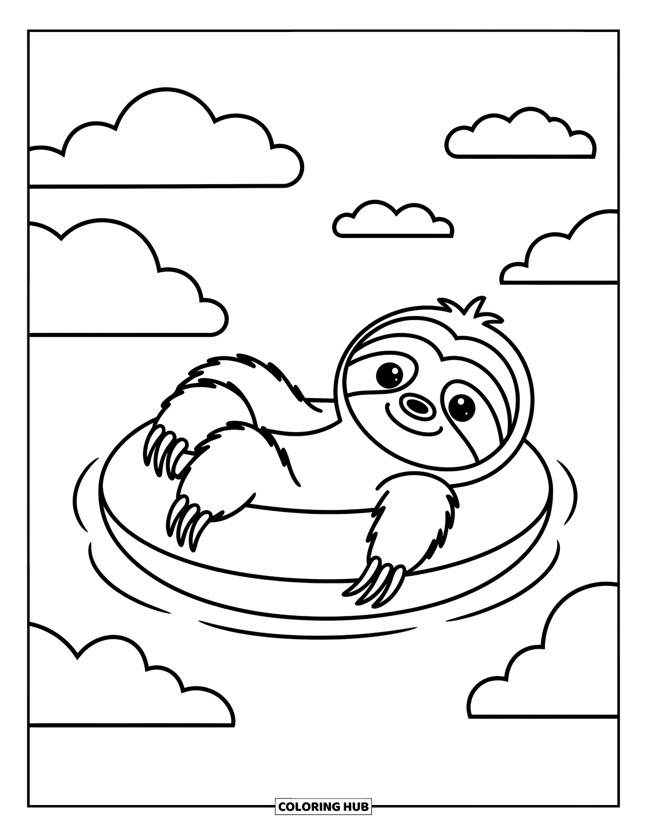 Desenho de Bicho-Preguiça para Crianças: Uma bicho-preguiça amigável flutua em uma boia sob nuvens à deriva, pronta para diversão colorindo